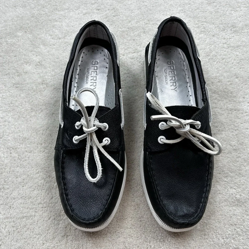 Sperry Top Sider Boat Shoes Womens 9 Leather Nautical 2 Eye Black White